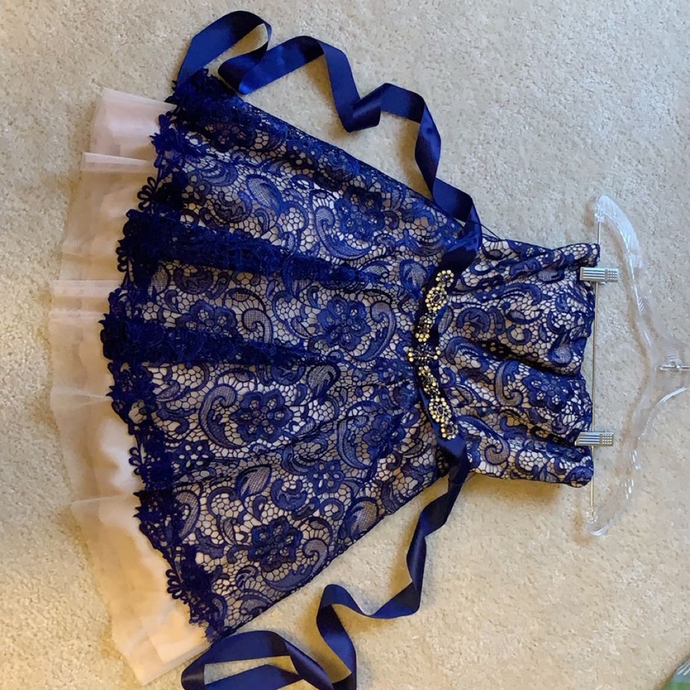 Navy blue/ nude lace homecoming dress